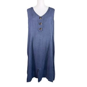 Alessia Pacini Italy 100% Linen Blue Sleeveless V-Neck Shift Dress 1X SP1909